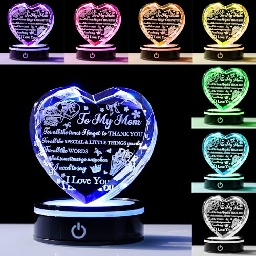 Mom Crystal Heart Keepsake with LED Base, Laser Engraved Love Message Gift - color: Mom Gift