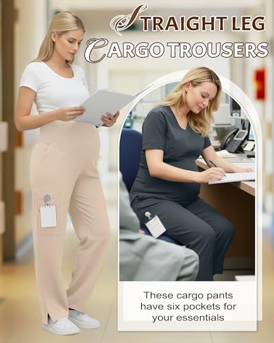 2 Pack Women's Maternity Scrub Pants with 6 Pockets - color: Dark Gray, Khaki, size: X-Large