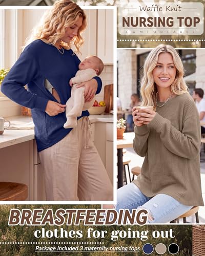 Oakgarden 3 Pack Women's Oversized Nursing Tops - color: Dark Blue, Coffee, Black, size: Large