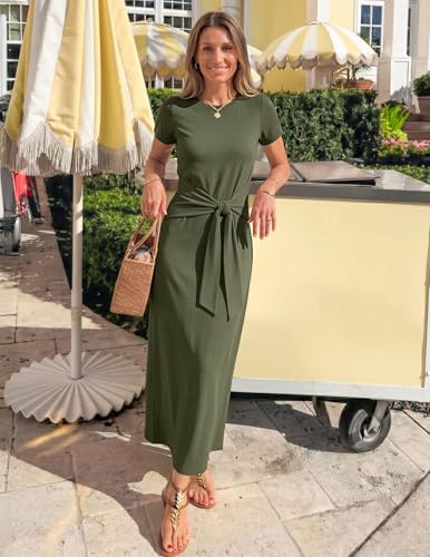 MEROKEETY Women's Summer T Shirt Casual Work Wrap Maxi Dresses - color: Army Green, size: Small