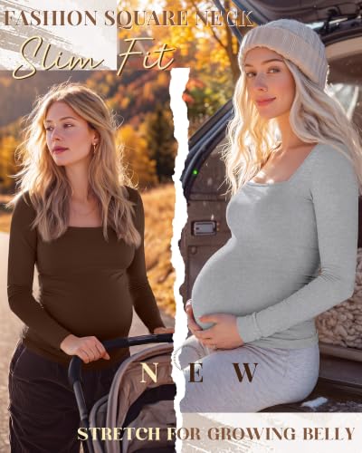 4 Pcs Womens Maternity Long Sleeve Square Neck Shirts - color: Brown, Light Mixed Gray, White, Black, size: Medium
