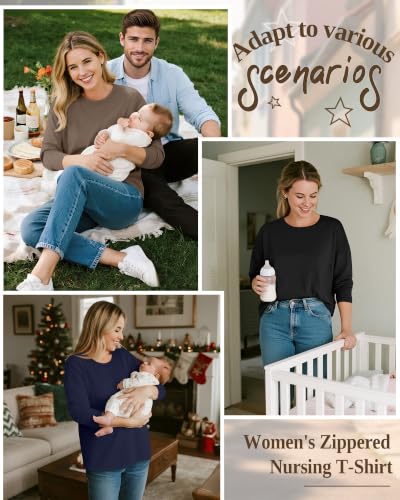 3 Pack Nursing Breastfeeding Tops - color: Charcoal Gray, Light Brown, Black, size: XX-Large