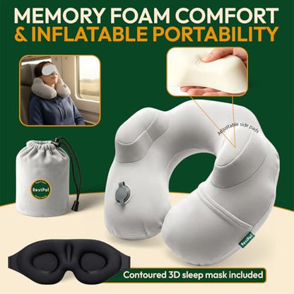 Inflatable Travel Neck Pillow with Adjustable Memory Foam Sides | Lightweight, Soft & Portable Support (Light Gray, Standard) - color: Light Gray