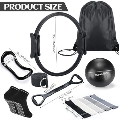 RoundFunny 18Pcs Pilates Ring Set, Women Exercise Accessories - color: Black