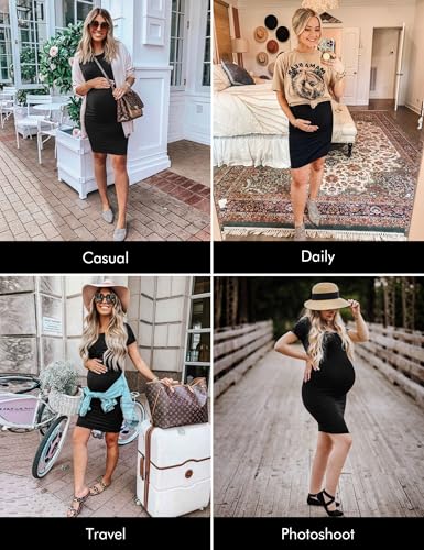 Peauty Side Ruched Maternity Bodycon Dress Short Sleeve Style Baby Shower - color: E. Black, size: Medium