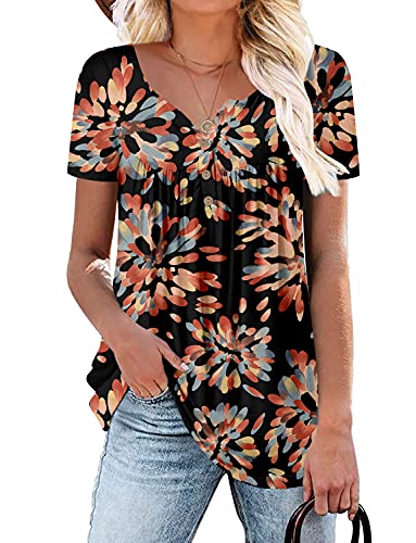 Mystry Zone Womens Henley V Neck Casual Blouse Button Down T Shirts Flare and Flowy Tops - color: 1-black, size: Medium
