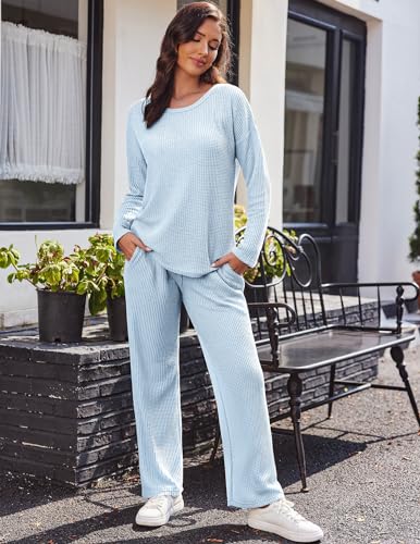 Ekouaer Waffle Knit Pajama Sets Comfy Lounge Sets 2 Piece Matching Pj Sets - color: Light Blue, size: Large