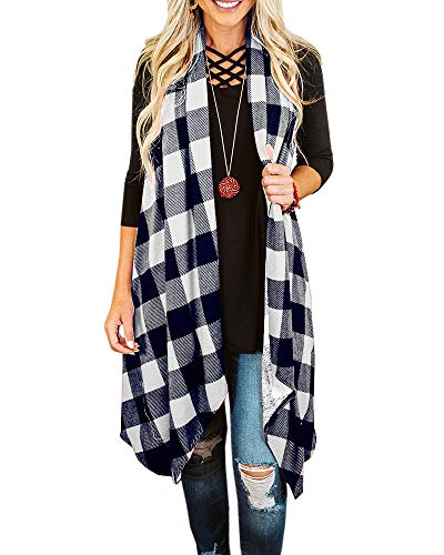 Ivay Womens Plaid Open Front Sweaters Sleeveless Duster Cardigans Drape Lightweight Vest Coat with Pockets - color: Navy, size: Medium