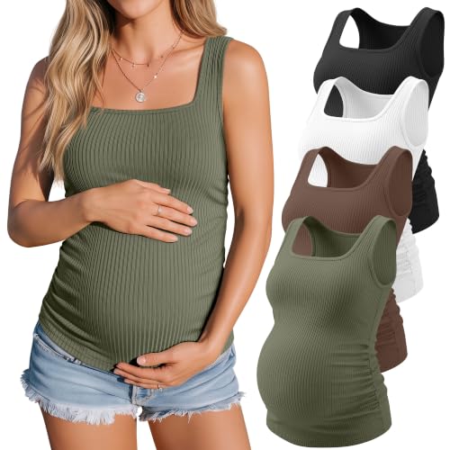 4 Pack Maternity Ribbed Tank Tops - color: Gray Green, Brown, White, Black, size: Small