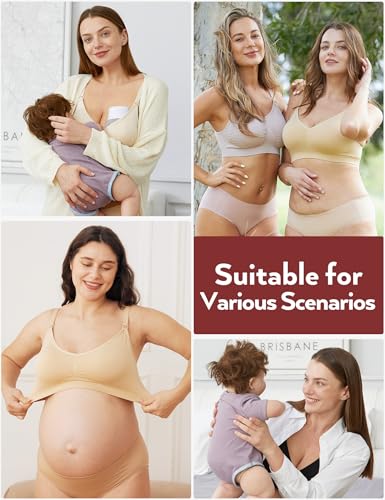 HOFISH Maternity Nursing Bras for Breastfeeding, 3 Pack Pregnancy Deep V Neck Wireless Bra with Extenders & Clips - color: 3pcs/Pack (Push Up:pink-black-beige), size: Medium