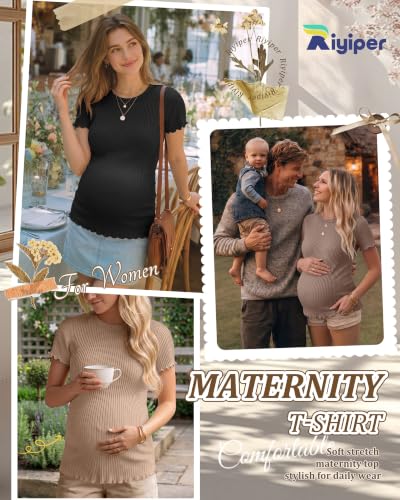 Riyiper 4 Pack Maternity Ribbed Knit Shirts for - color: Cream, Khaki, Light Brown, Black, size: Medium