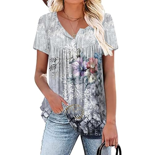Womens Summer Plus Size Tops Blouses Short Sleeve Shirts Lace Pleated Tunic Tops M-4XL - color: A 01-337-grey, size: Medium