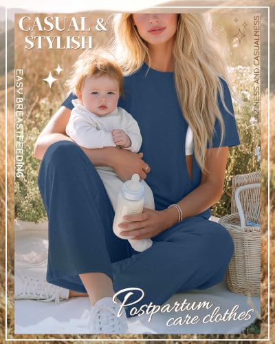 Ficerd 2 Pack Maternity Nursing Pajama Breastfeeding Sets Pjs - color: Blue, Black, size: Large