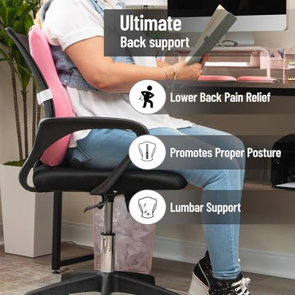 Mind Reader Air-Cloud Lumbar Cushion, Memory Foam Back Support Pillow for Lower Back Pain Relief, Adjustable Strap, Office Chair and Car Seat, Pink - color: Pink