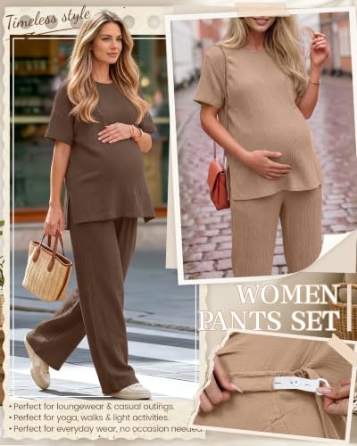 Ficerd 4 Pcs 100% Cotton Muslin Maternity Pajamas Lounge Sets - color: Khaki, Brown, size: Medium
