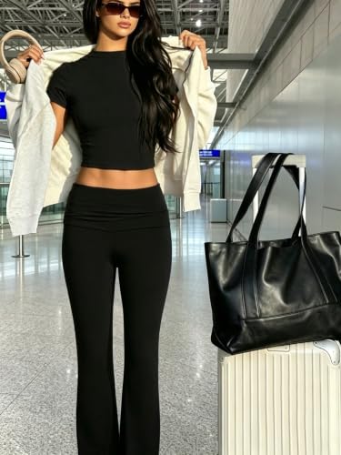 COPYLEAF Two Piece Lounge Sets for Women Fold Over Leggings Y2k Outfits - color: Black, size: Medium