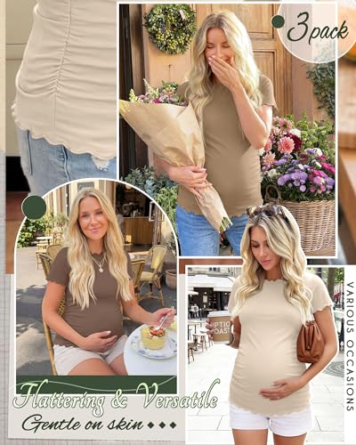 Xaatren 3 Pack Women's Maternity Short Sleeve Shirts - color: Cream, Khaki, Coffee, size: Medium