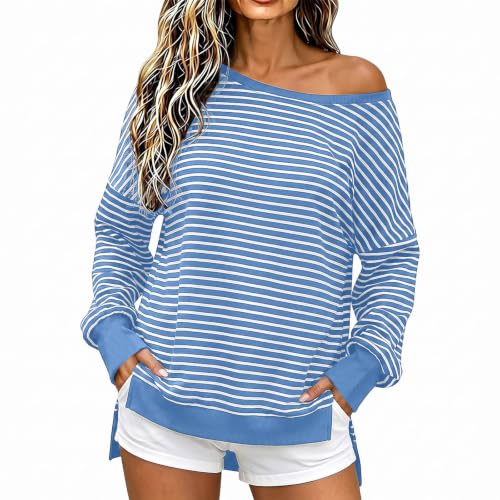 Fall Tops for Women 2026 off Shoulder Striped Top Long Sleeve Pullover Tops - color: Blue, size: Large