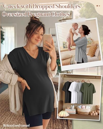 Huukeay 4 Pack Women's Maternity Shirt Loose T Shirt - color: Army Green, Light Gray, White, Black, size: Medium