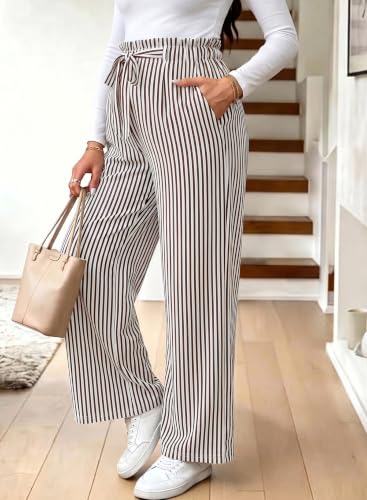 BLENCOT Striped Maternity Pants Tie Waist Fall Pregnancy Postpartum Outfits - color: Brown, size: Medium