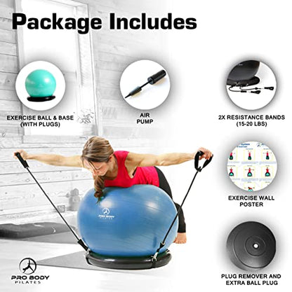 ProBody Pilates 14" Magic Circle, 9" Mini Exercise Ball and a 65 cm Yoga Ball with Base and Bands (3pcs) Bundle for Stability, Barre, Yoga, Core Training and Physical Therapy