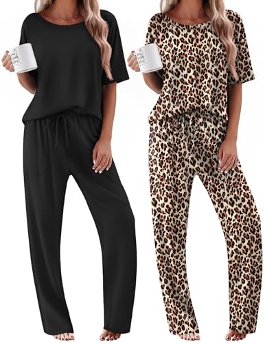 Ekouaer 2 Pack Womens Pajamas Sets Short Sleeve Long Pants Pjs Lounge Set - color: Black/Leopard, size: Small