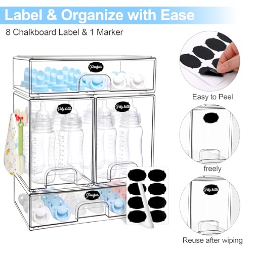 Baby Bottle Organizer, Stackable Storage Drawers with Labels and Hooks