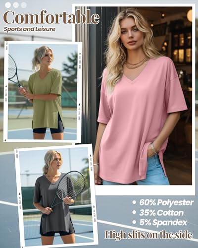 Huukeay 3 Pack Oversized Shirts for Women V Neck - color: Dark Gray, Rose Pink, Grass Green, size: Medium
