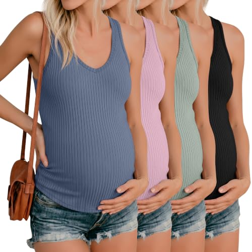 Neer 4 Pack Maternity Ribbed Tank Tops - color: Haze Blue, Light Pink, Gray Green, Black, size: Large