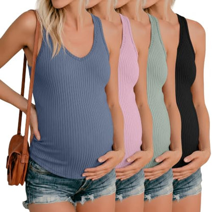 Neer 4 Pack Maternity Ribbed Tank Tops - color: Haze Blue, Light Pink, Gray Green, Black, size: Large
