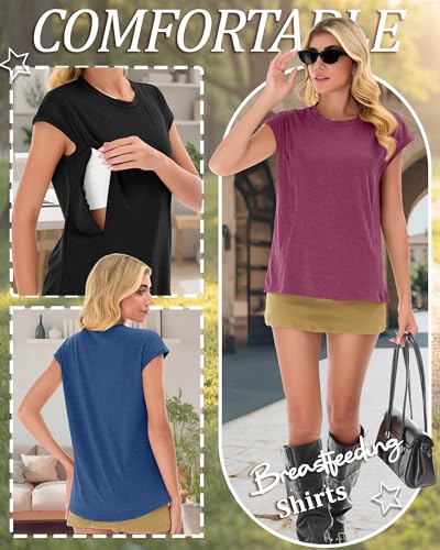 Ficerd 3 Pack Women's Nursing Cap Sleeve Shirts - color: Fuchsia, Navy Blue,black, size: Large