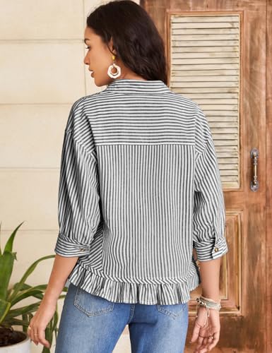 Flygo Womens Striped Button Down Shirts Cropped 3/4 Sleeve Ruffled Blouses - color: Black, size: Large