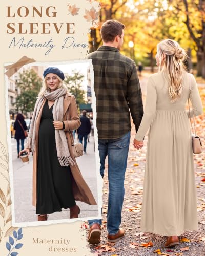 Neer 2 Pcs Maternity Maxi Dresses Long Sleeve Fall Nursing Dress - color: Cream, Black, size: Medium
