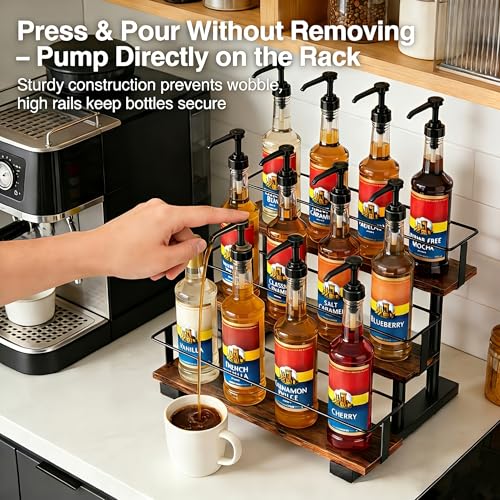 3-Tier Coffee Syrup Rack, Holds 12 Bottles, Rustic Wood & Metal - size: 12-bottle