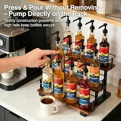 3-Tier Coffee Syrup Rack, Holds 12 Bottles, Rustic Wood & Metal - size: 12-bottle