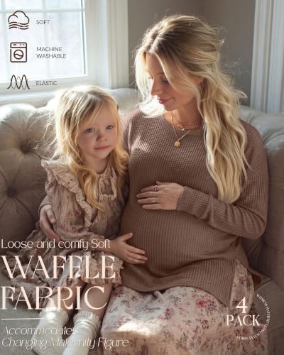 Xaatren 4 Pack Womens Maternity Long Sleeve Shirts Waffle Tops - color: Cream, Light Coffee, Coffee, Black, size: XX-Large