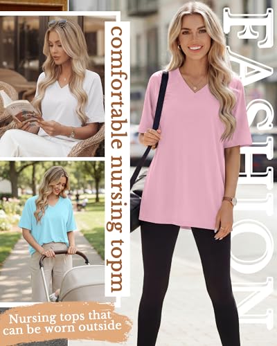 4 Pack Women's Nursing Short Sleeve Shirts - color: Light Blue, Pink, White, Khaki, size: Small