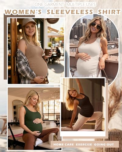Ficerd 4 Pack Women's Maternity Tank Cotton Tops - color: Coffee, Army Green, Apricot, Light Coffee, size: Medium