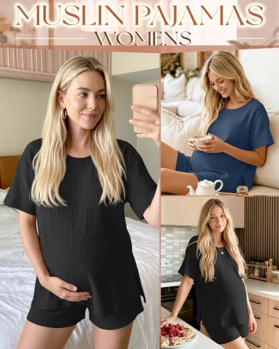 Riyiper 4 Pcs 100% Cotton Maternity Pajamas Sets - color: Blue, Black, size: Medium
