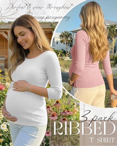 Neer 3 Pack Women's 3/4 Sleeve Crew Neck Maternity Tops - color: Light Pink, White, Light Blue, size: Small