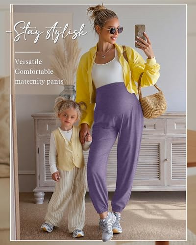 3 Pack Women's Maternity Jogger Pregnancy Sweatpants - color: Purple, Smoke Blue, Dark Gray, size: Large