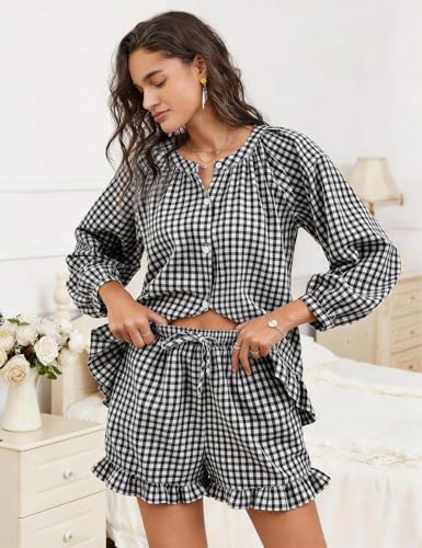 Flygo Womens Gingham 2 Piece Pajama Sets Y2K Cotton Ruffle Short Sets - color: Black, size: X-Small