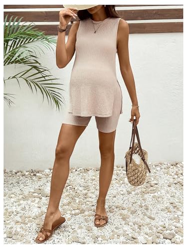 OYOANGLE Women's Two Piece Maternity Outfit Slit Hem Sleeveless Shorts Set - color: Beige, size: Small