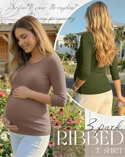Neer 3 Pack Women's 3/4 Sleeve Crew Neck Maternity Tops - color: Army Green, Coffee, Black, size: Medium
