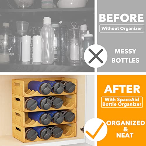 SpaceAid Bamboo Water Bottle Organizer with Labels, Kitchen Pantry Water Bottle Storage Rack for Cabinets, Home Cup and Wine Bottle Holder Shelf Organizers, 4 Pack 4-Slot, Hold 16 Bottles - size: 16 Bottles