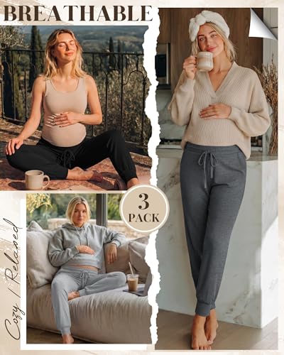 3 Pack Women Maternity Pants Pregnancy Lounge Jogger - color: Black, Dark Gray, Light Gray, size: Medium