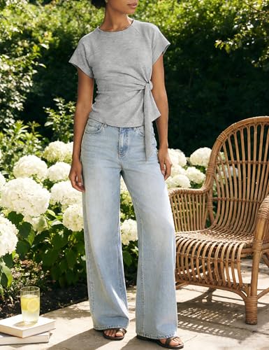 Women Side Tie Waist Tops Slim Fit Cropped Wrap Workout T-Shirt - color: Lightgrey, size: Large