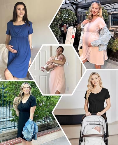 Nursing Nightgown Short Sleeve Breasfeeding Birthing Gown Maternity Dress - color: Black, size: Medium