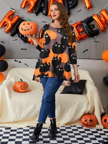 LARACE Womens Plus Size 3/4 Sleeve High Low Swing Tunic Tops - color: Halloween Pumpkin Cat, size: Large