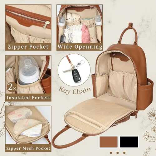 Omanmoli Diaper Bag Backpack Leather Baby Bag Large Travel Diaper Backpack - color: Congac